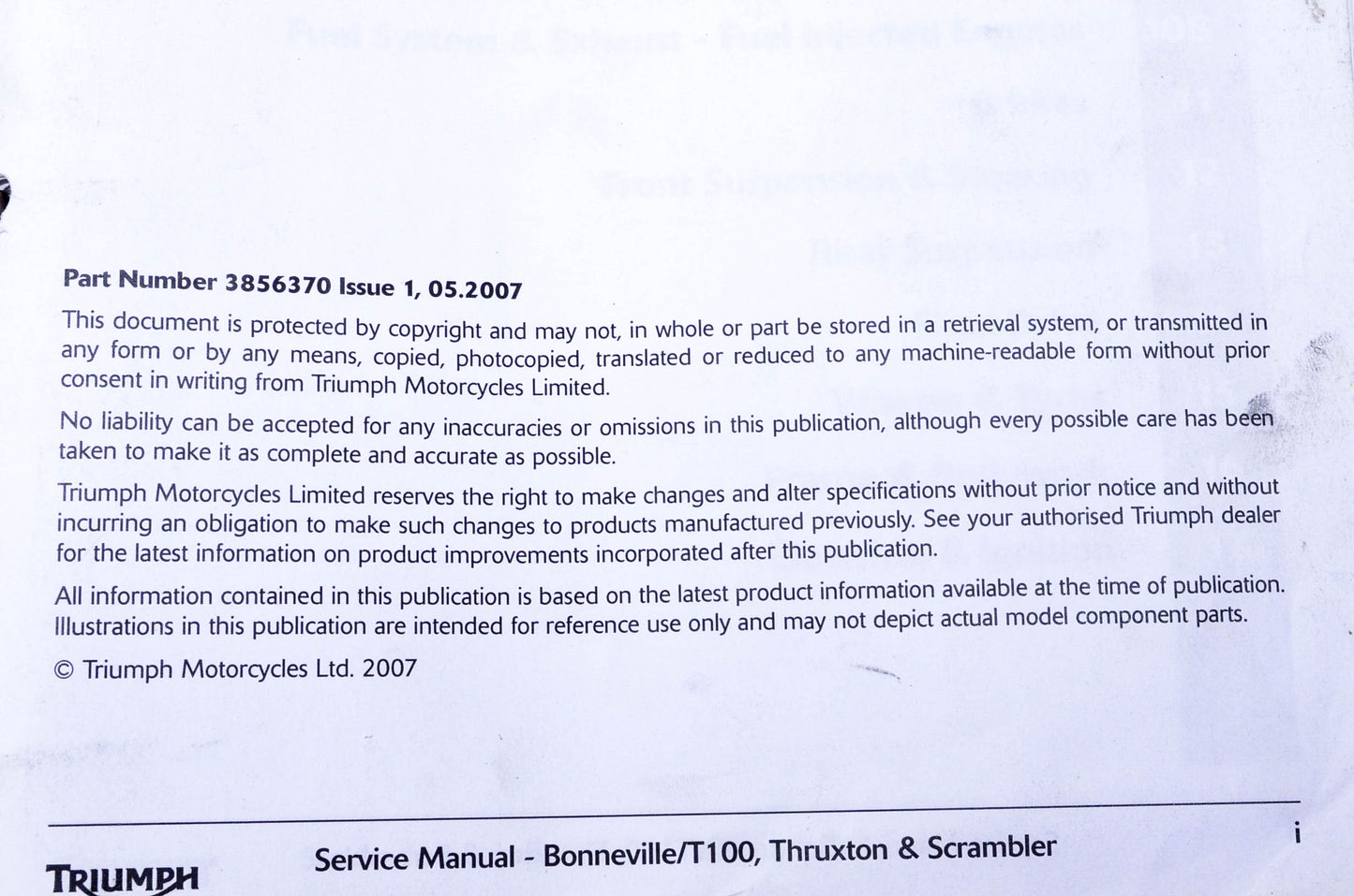 OEM Triumph 3856370 Bonneville/T100 Thruxton Scrambler Service Manual