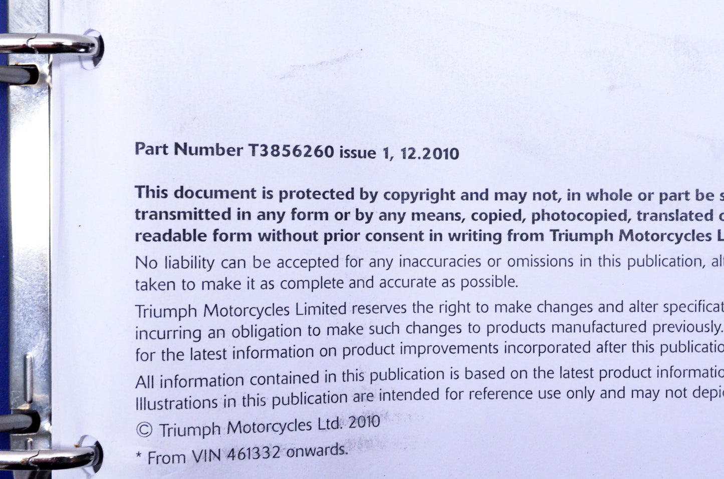 OEM Triumph T3856260 Speed Triple 1050cc Service Manual