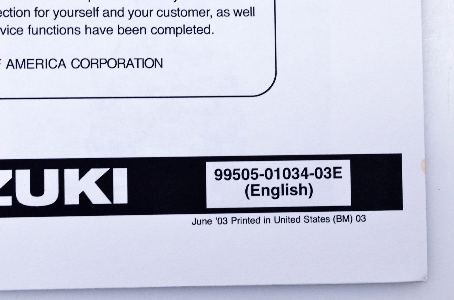 OEM Suzuki 99505-01034-03E LT-A500FK4 Assembly & Pre-Delivery Service Guide