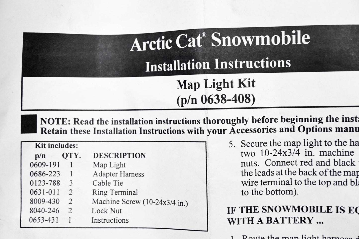 New OEM Arctic Cat 0638-408 Map Light Kit NOS