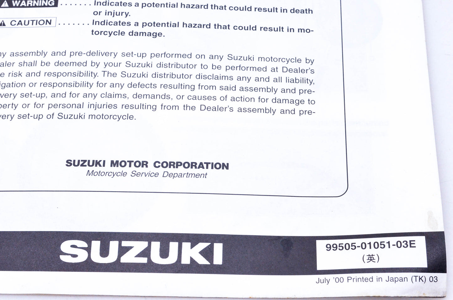 OEM Suzuki 99505-01051-03E RM250K1 Assembly & Pre-Delivery Service Guide