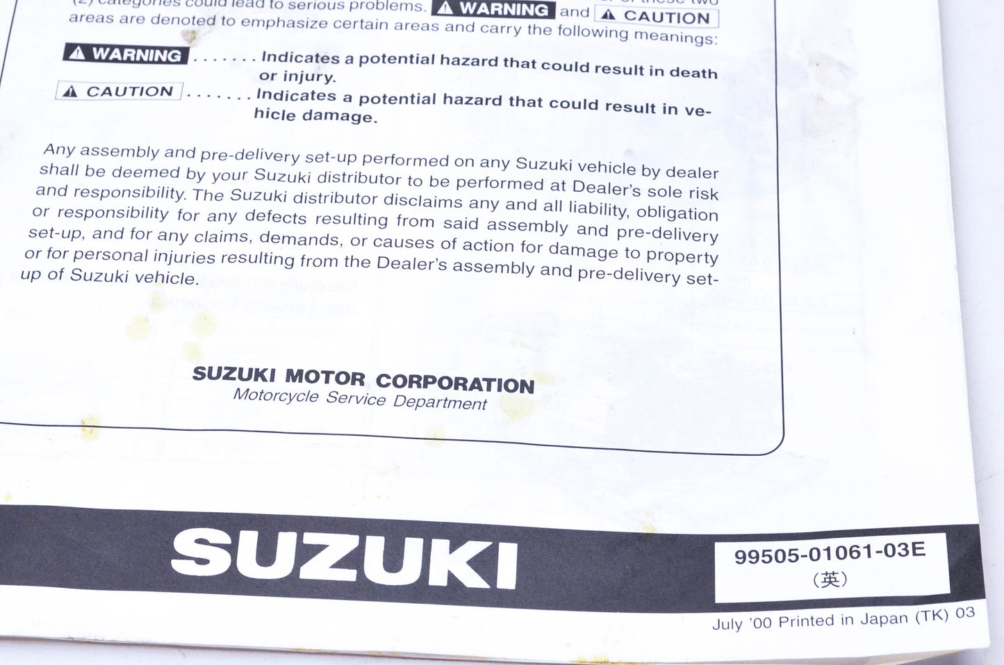 OEM Suzuki 99505-01061-03E LT-F500FK1 Assembly & Pre-Delivery Service Guide