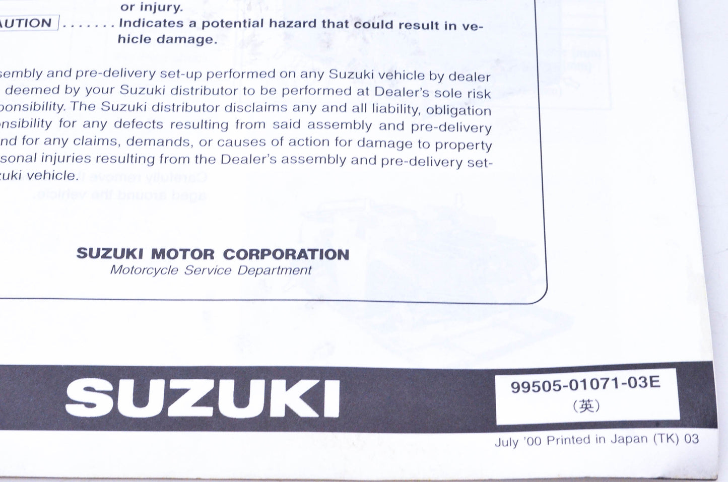OEM Suzuki 99505-01071-03E LT-F250K1/FK1 Assembly & Pre-Delivery Service Guide