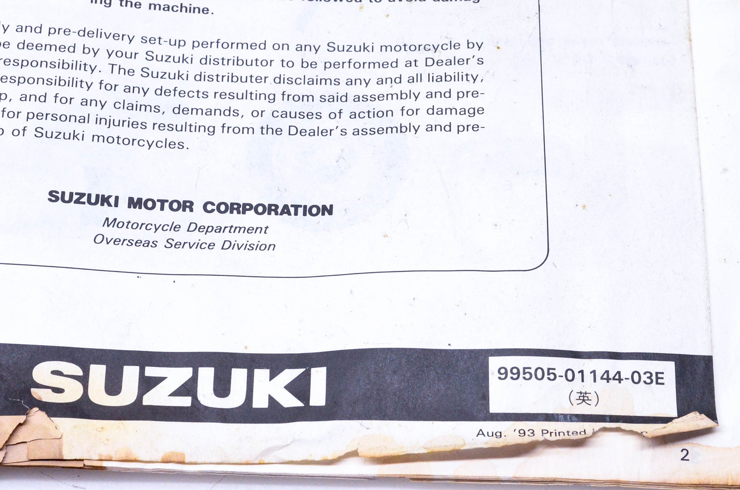 OEM Suzuki 99505-01144-03E JR50R Assembly & Pre-Delivery Service Guide