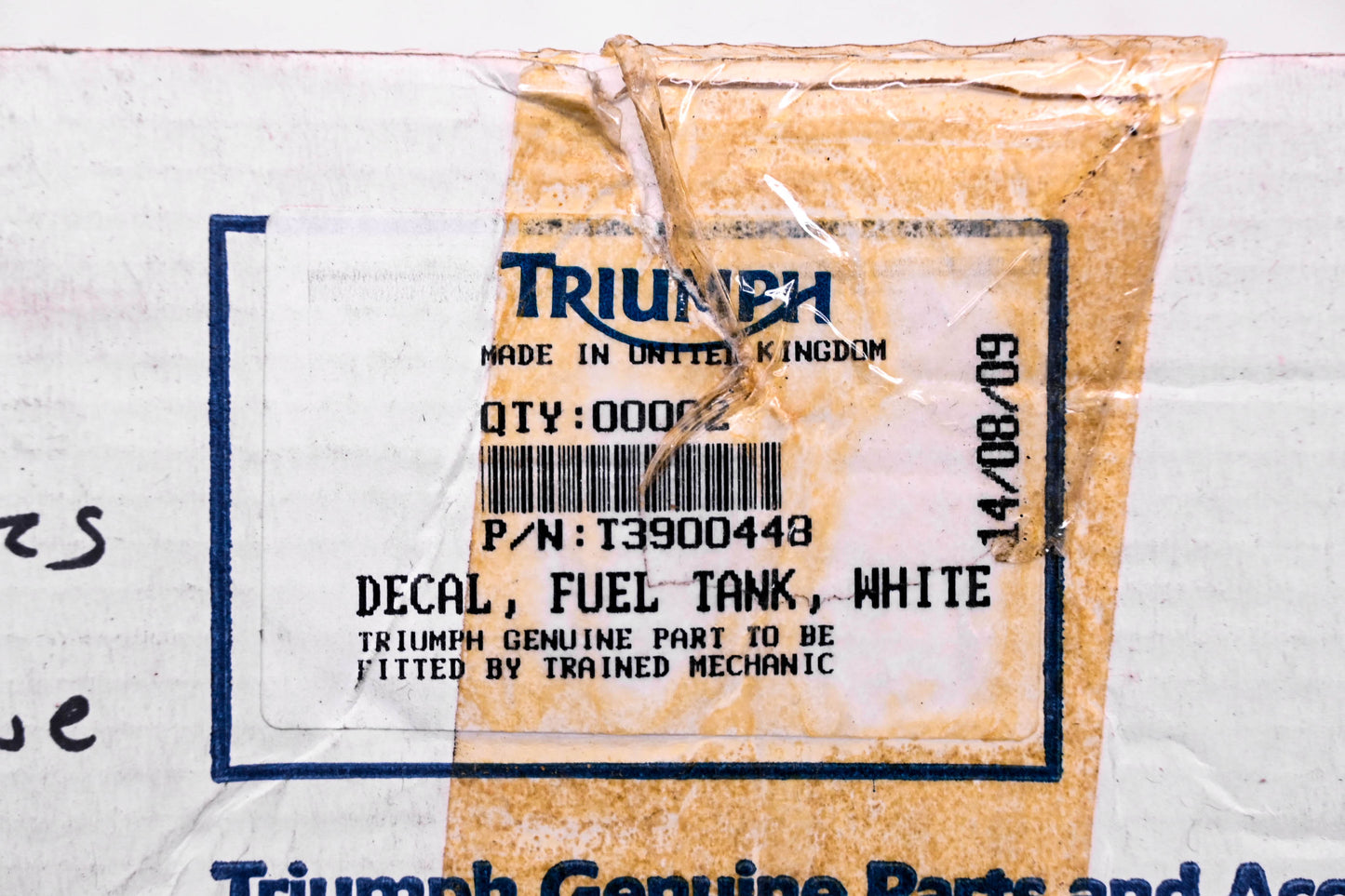 New OEM Triumph T3900448 Fuel Tank White Decal NOS