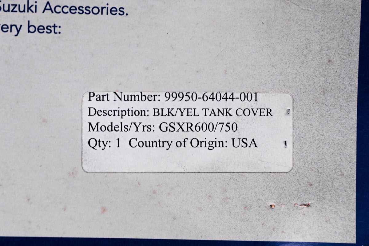 New OEM Suzuki 99950-64044-001 Black & Yellow Tank Cover NOS