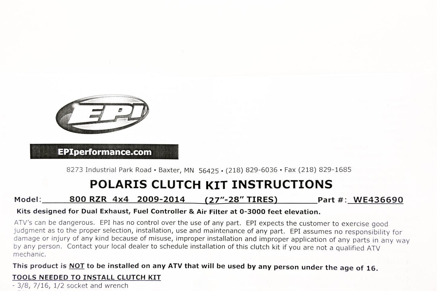 EPI WE436690 Clutch Kit for 09-14 Polaris RZR 800 NOS