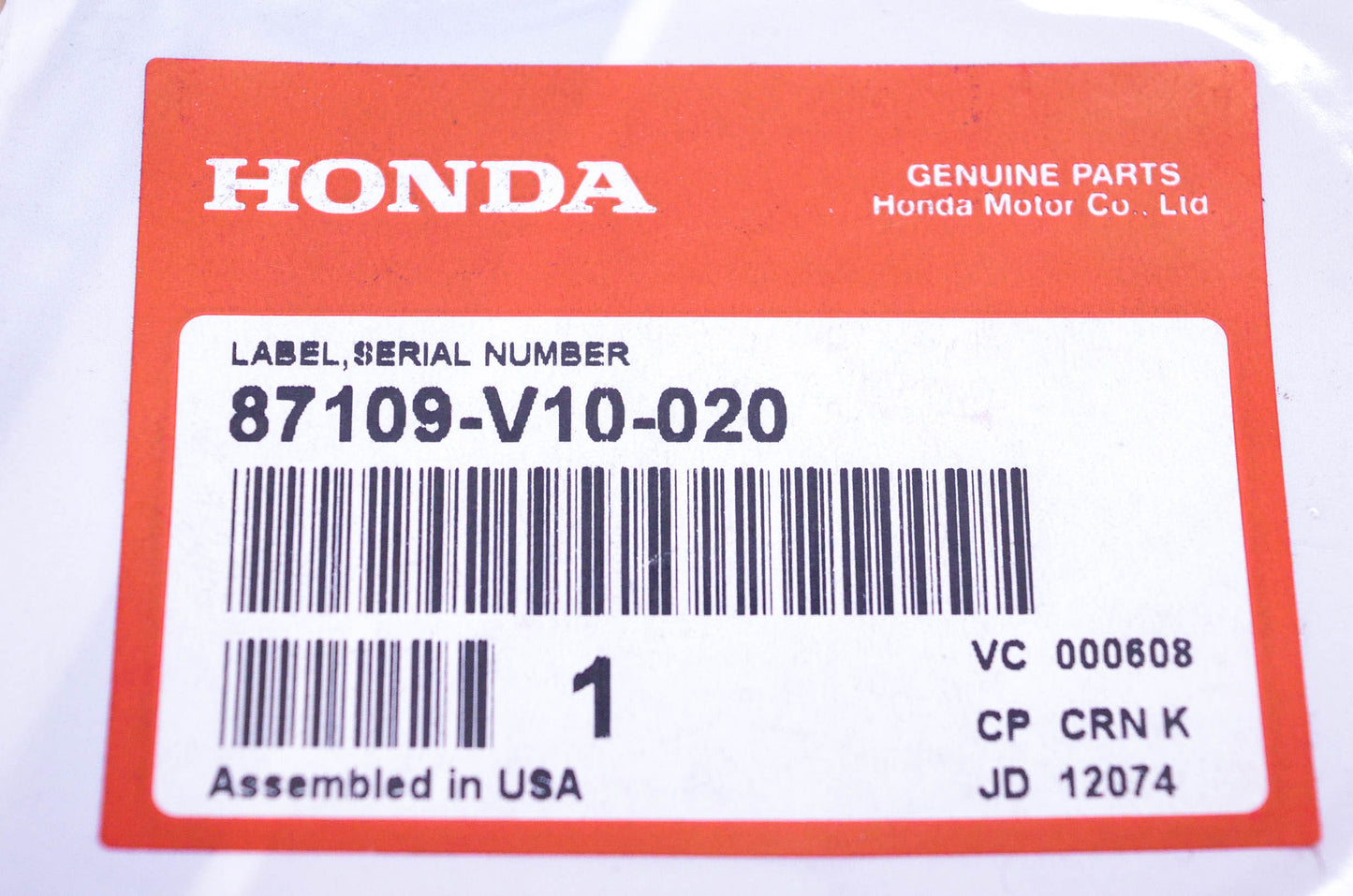 New OEM Honda 87109-V10-020 Serial Number Label NOS