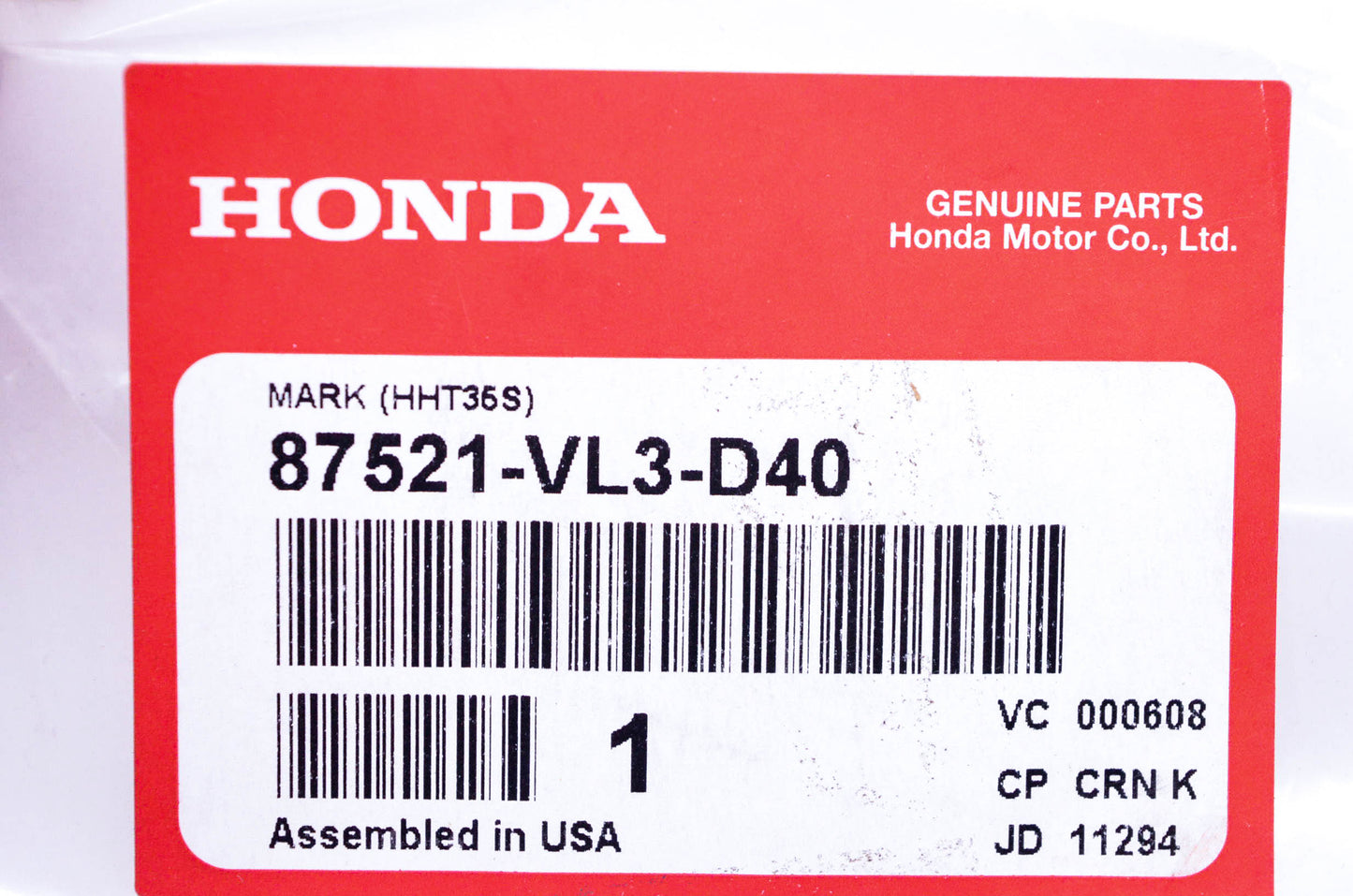 New OEM Honda 87521-VL3-D40 HHT35S Label NOS