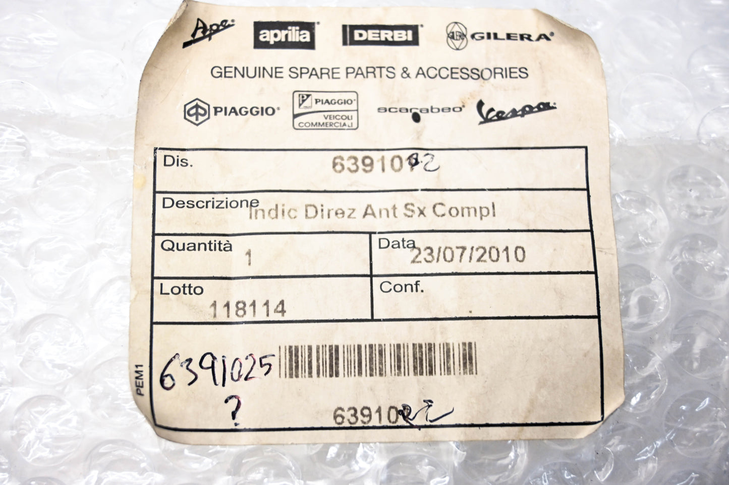 Piaggio 639102, 639101 Front Right Turn Indicator NOS