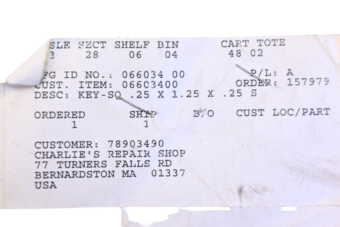 Ariens 06603400 Square Key NOS