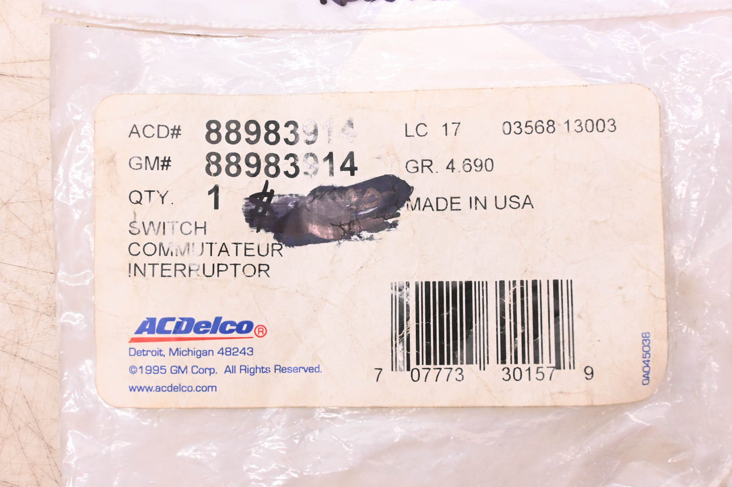 ACDelco 88983914 Brake Pressure Warning Switch Kit NOS