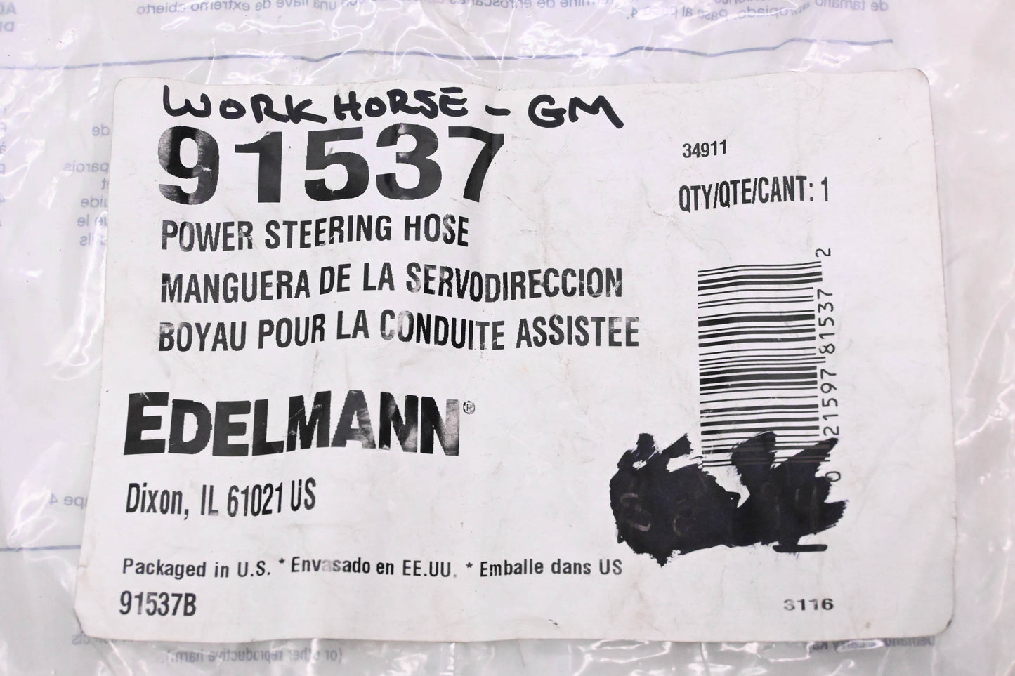 Edelmann 91537 Power Steering Pressure Hose Assembly NOS