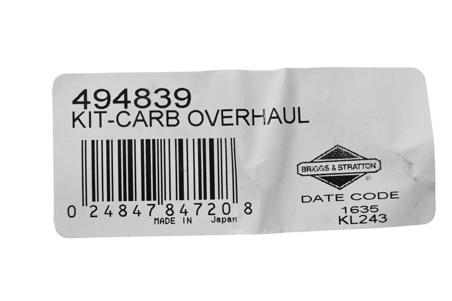 New OEM Briggs & Stratton 494839 Carburetor Overhaul Kit NOS