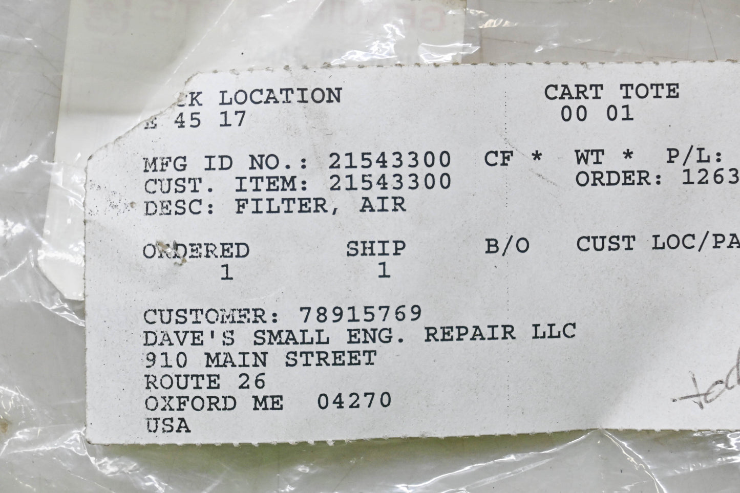 Ariens 21543300 Air Filter NOS