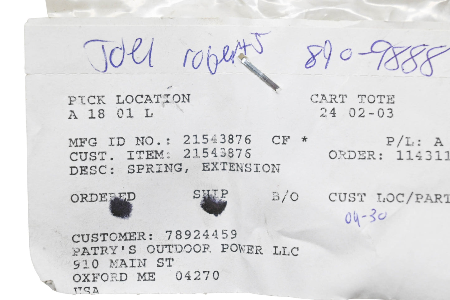 Ariens 21543876 Extension Spring NOS