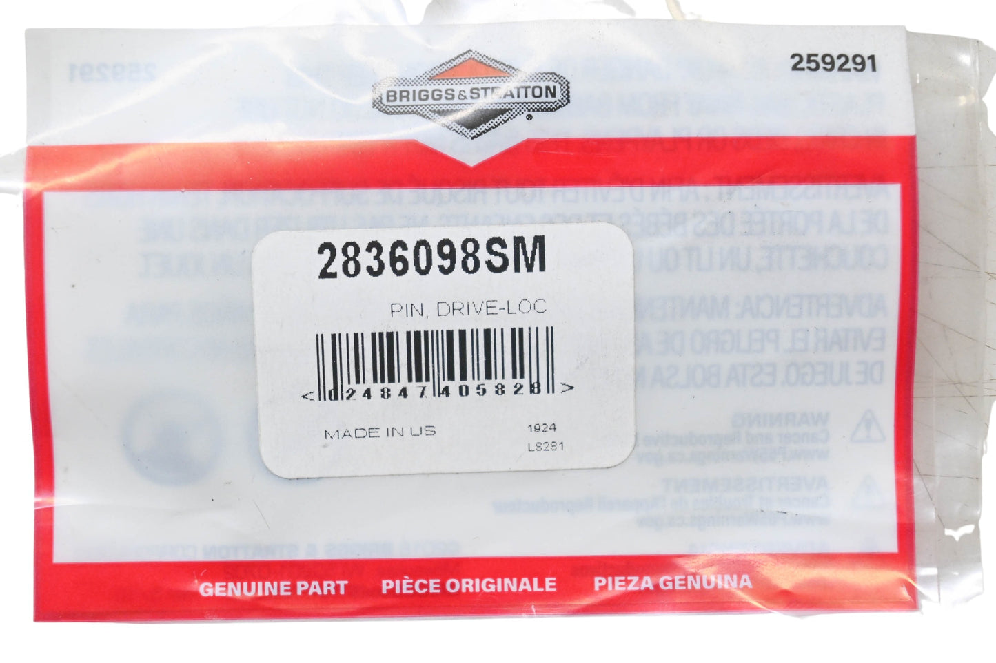 New OEM Briggs & Stratton 2836098SM Drive Lock Pin NOS