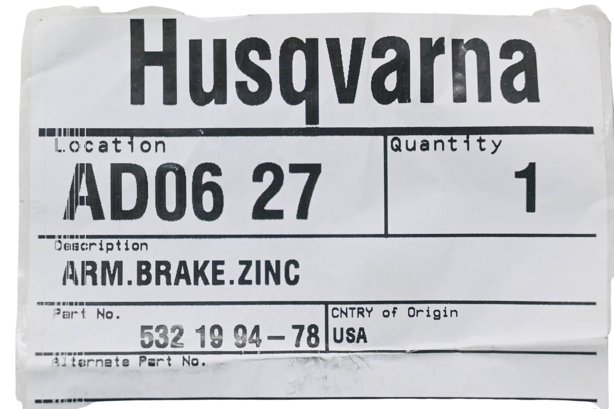 New OEM Husqvarna 532 19 94-78, 532199478 Zinc Brake Arm NOS