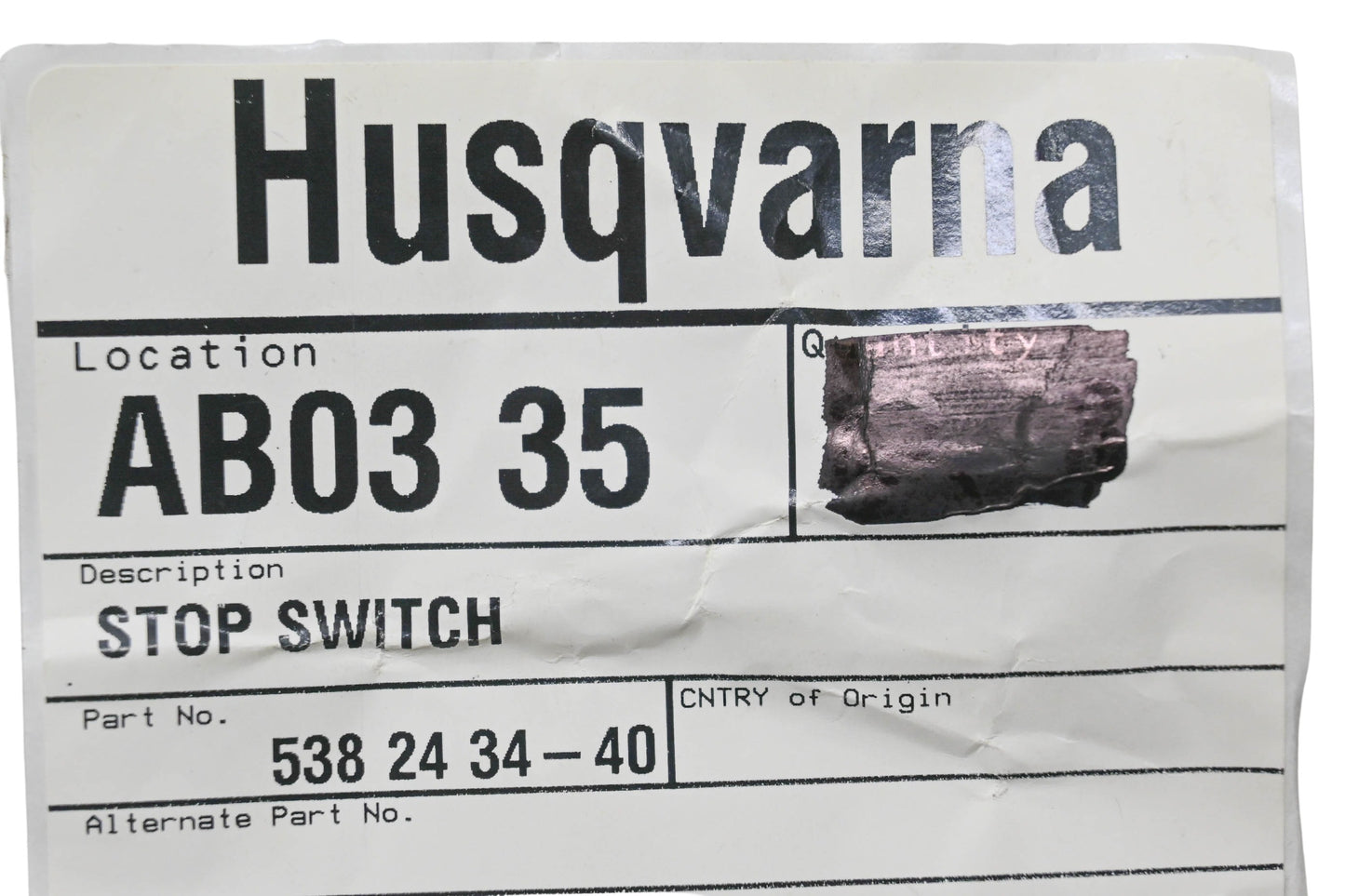 New OEM Husqvarna 538 24 34-40, 538243440 Stop Switch NOS