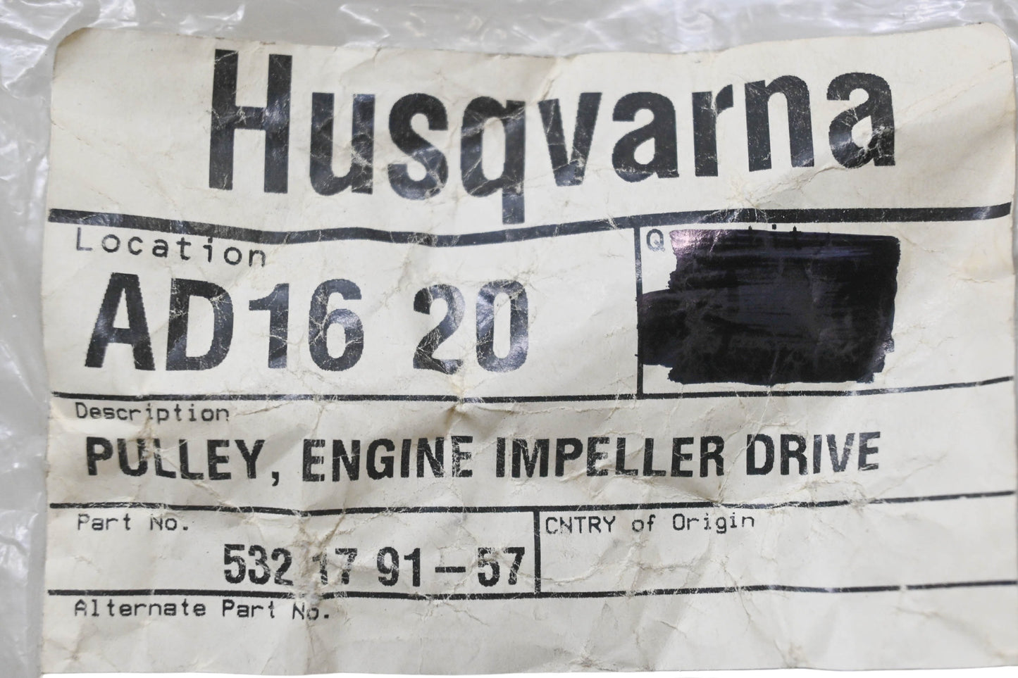 New OEM Husqvarna 532 17 91-57, 532179157 Engine Impeller Drive Pulley NOS