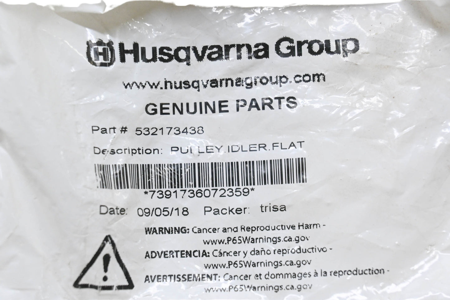 New OEM Husqvarna 532173438 Flat Idler Pulley NOS