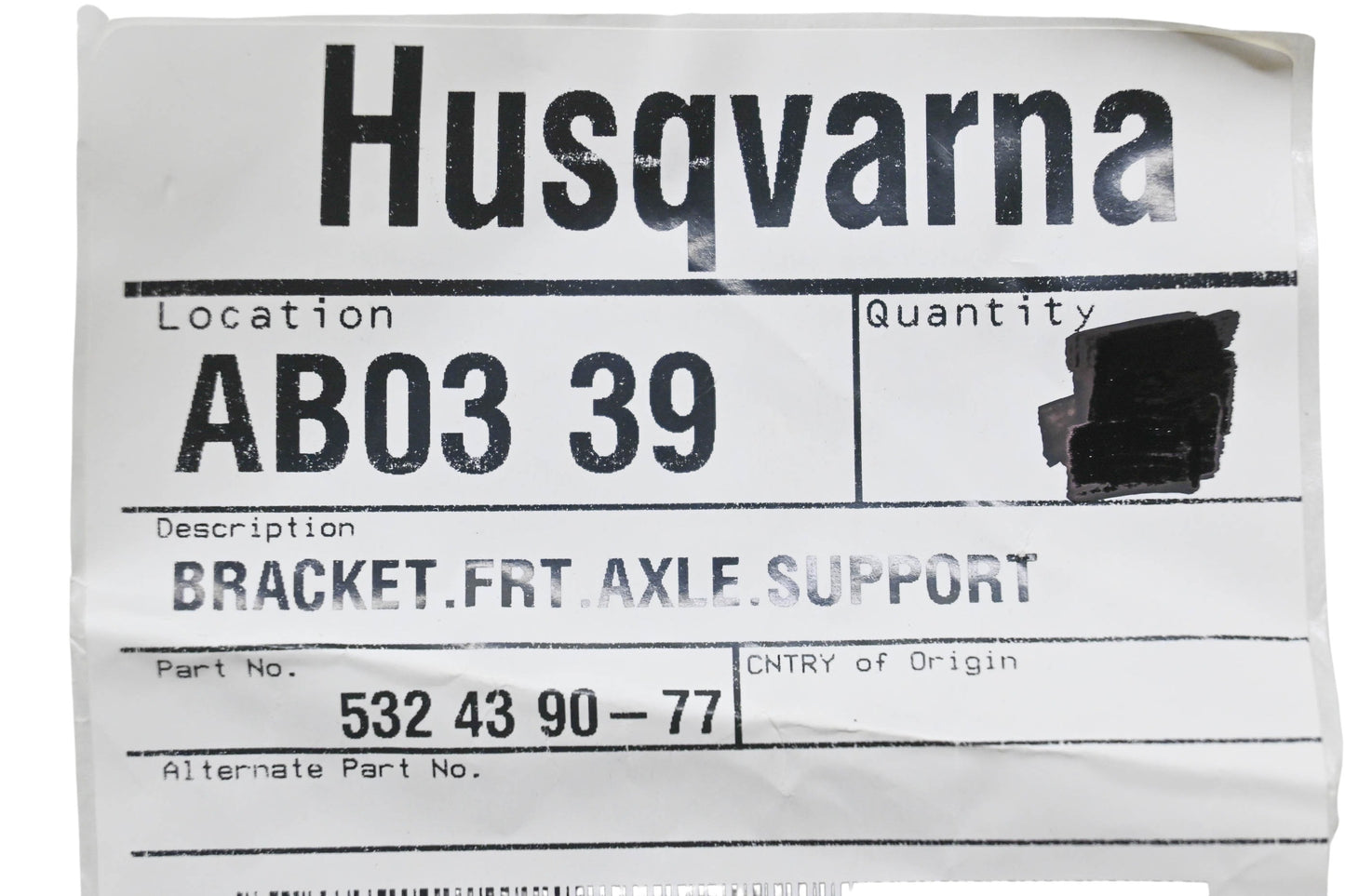 New OEM Husqvarna 532 43 90-77, 532439077 Front Axle Support Bracket NOS