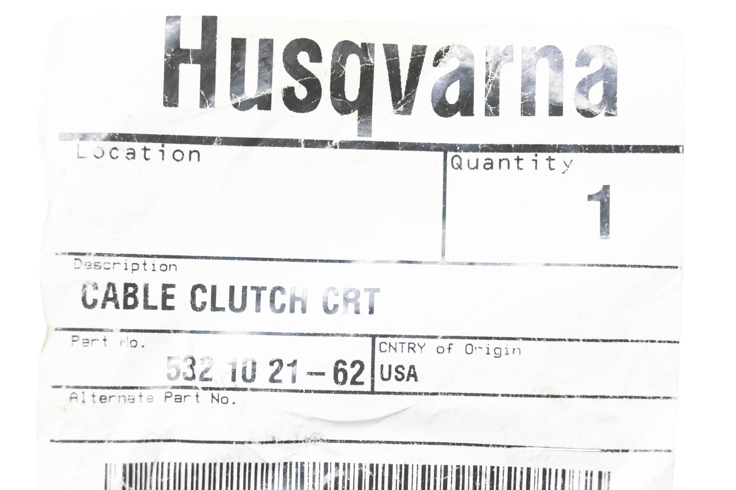 New OEM Husqvarna 532 10 21-62, 532102162 Tiller Clutch Cable NOS