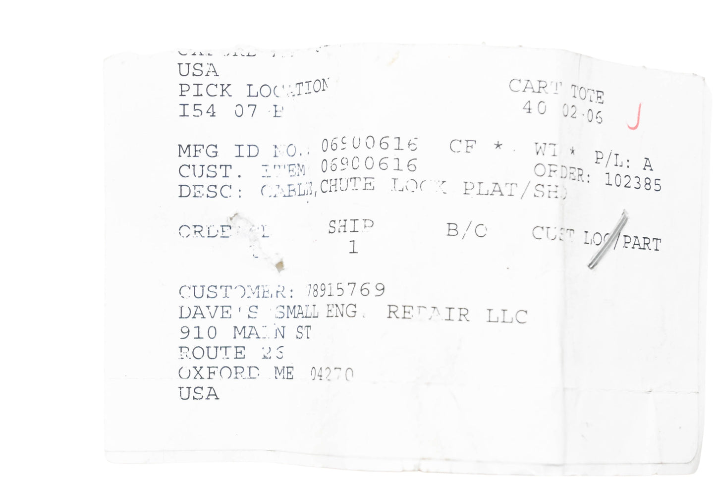Ariens 06900616 Chute Lock Cable NOS