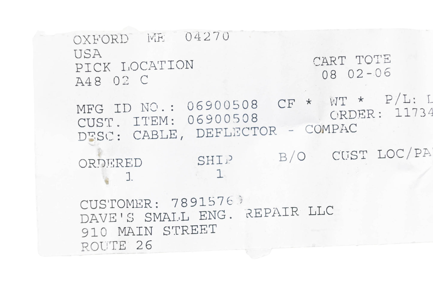 Ariens 06900508 Deflector Cable NOS