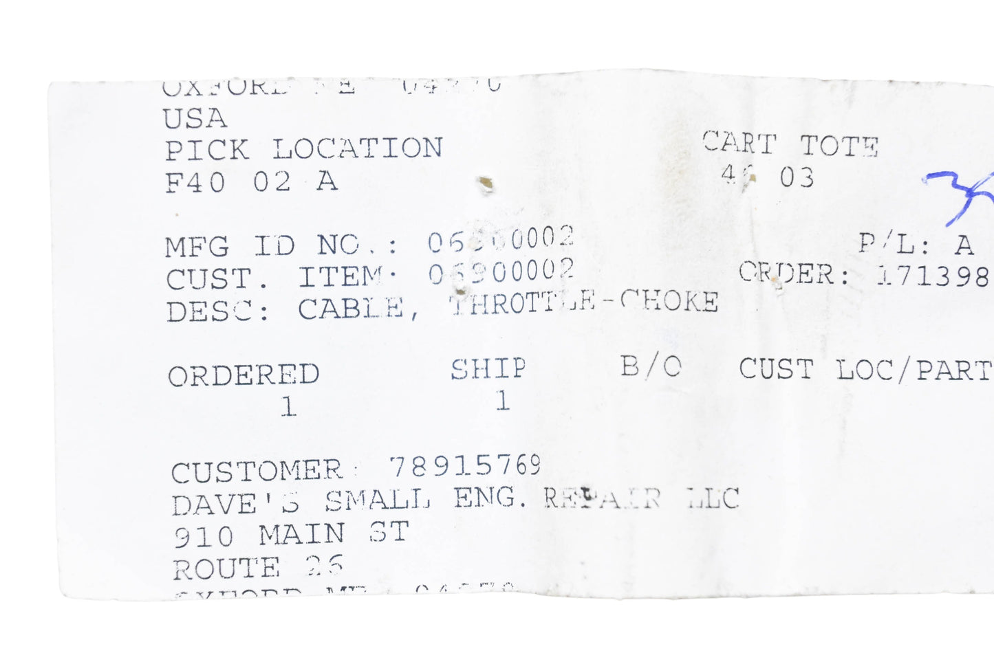 Ariens 06900002 Throttle Cable NOS