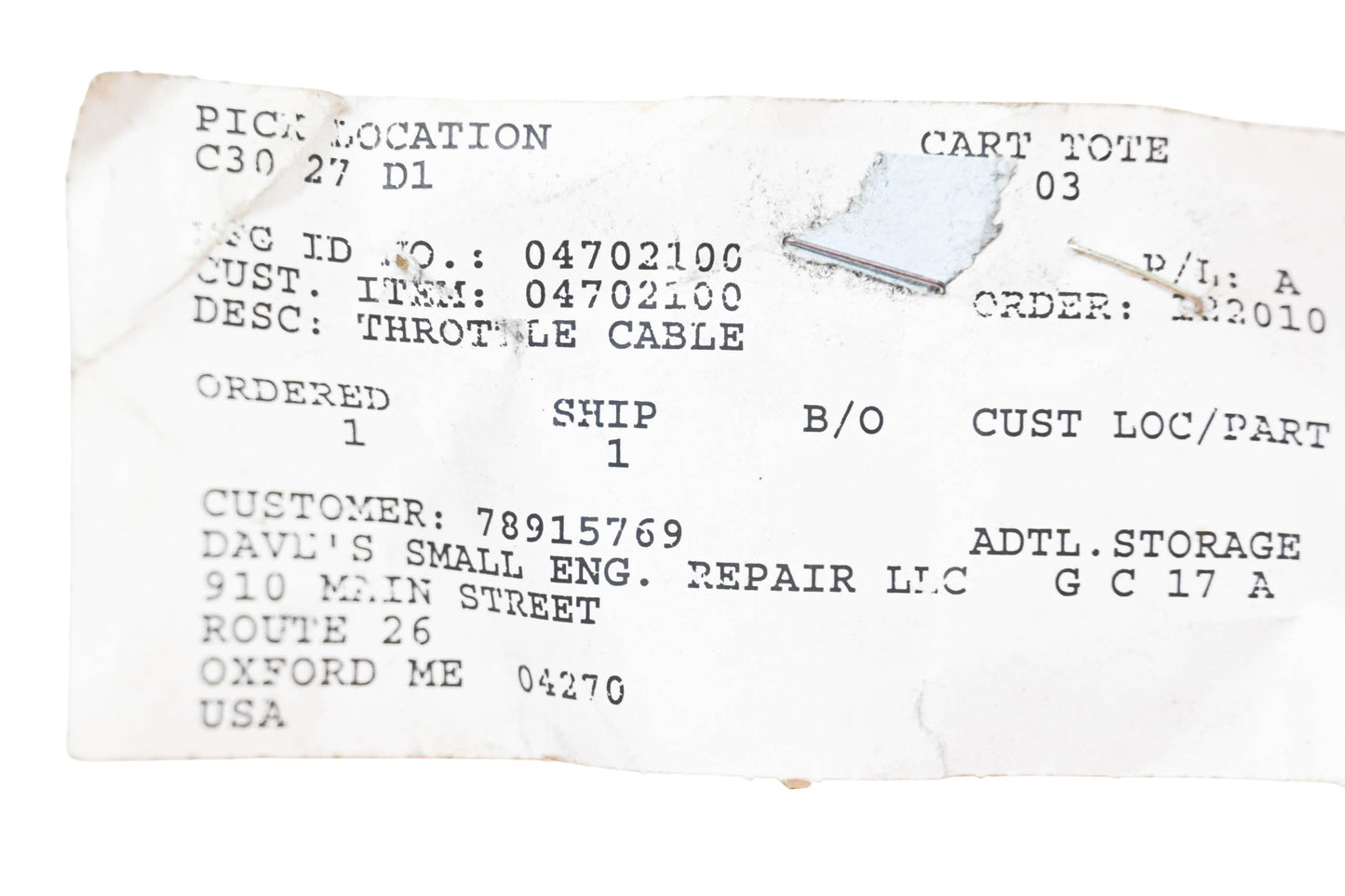 Ariens 04702100, 25-1198-01 Throttle Cable NOS