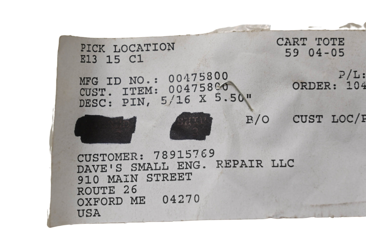 Ariens 00475800 Pin 5/16" x 5.50" NOS