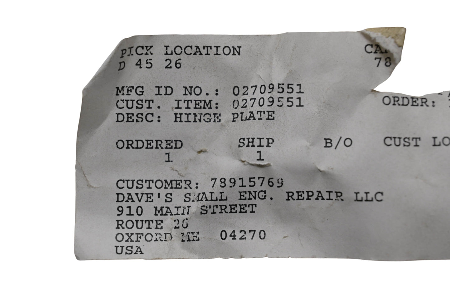 Ariens 02709551 Hinge Plate NOS