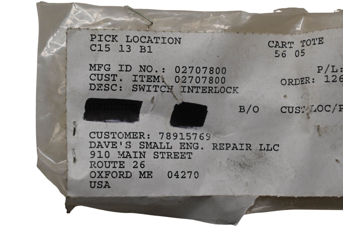 Ariens 02707800 Interlock Switch NOS