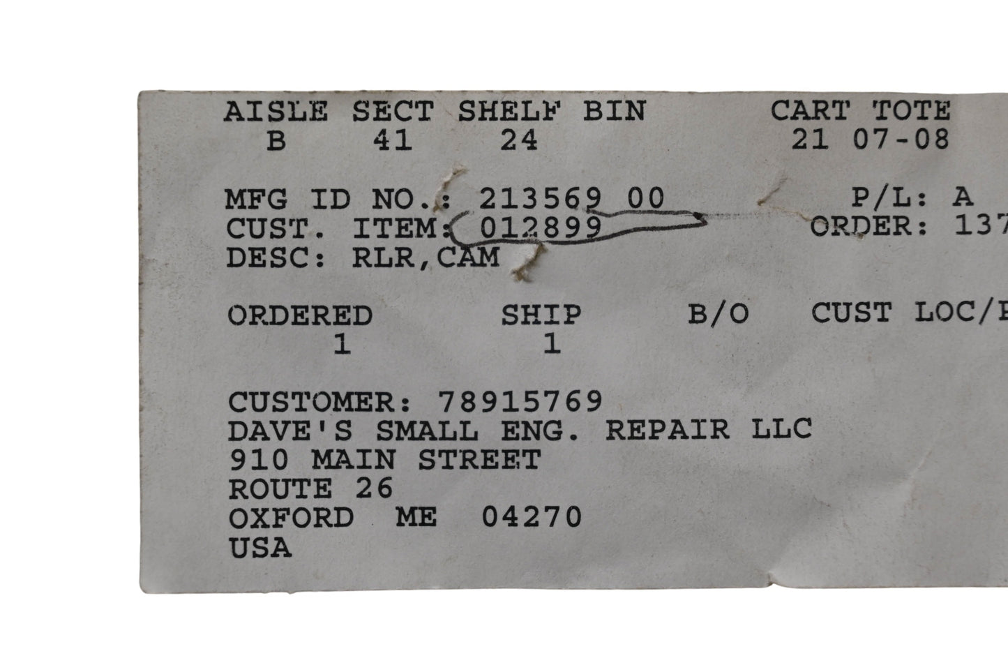 Ariens 21356900 Roller Cam NOS