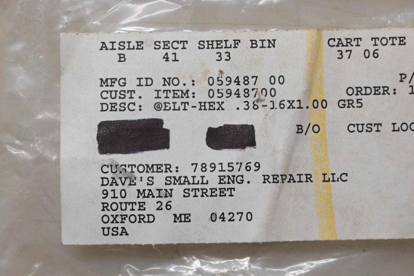 Ariens 05948700 Hex Bolts .38-16x1.00 Qty 2 NOS