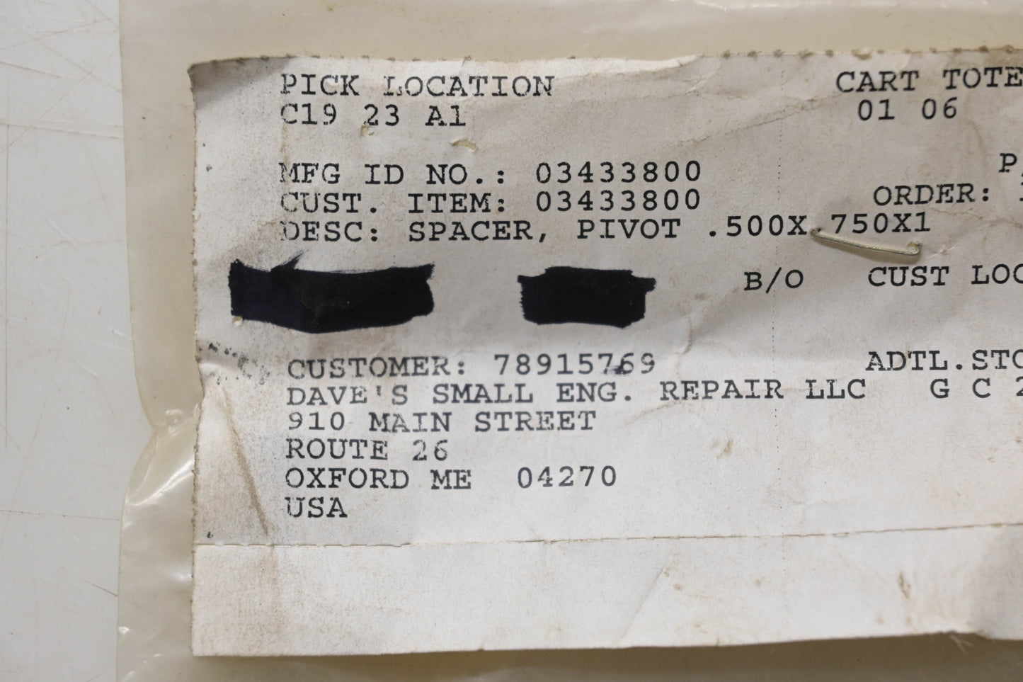 Ariens 03433800 Pivot Spacer NOS