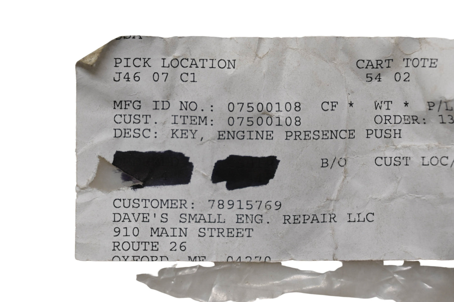 Ariens 07500108 Engine Presence Push Key NOS