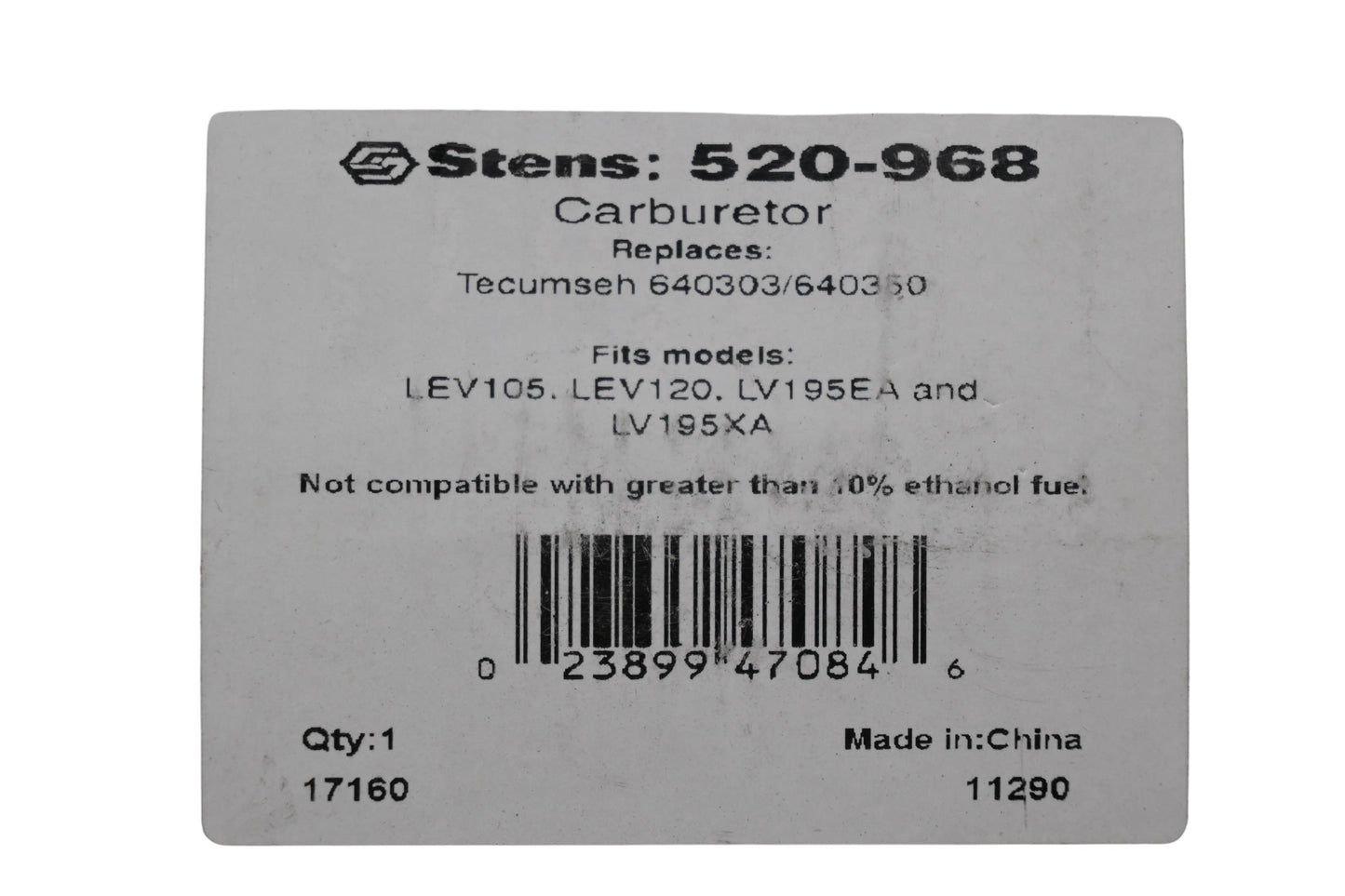 Stens 520-968, 640303, 640350 Carburetor & Gasket NOS