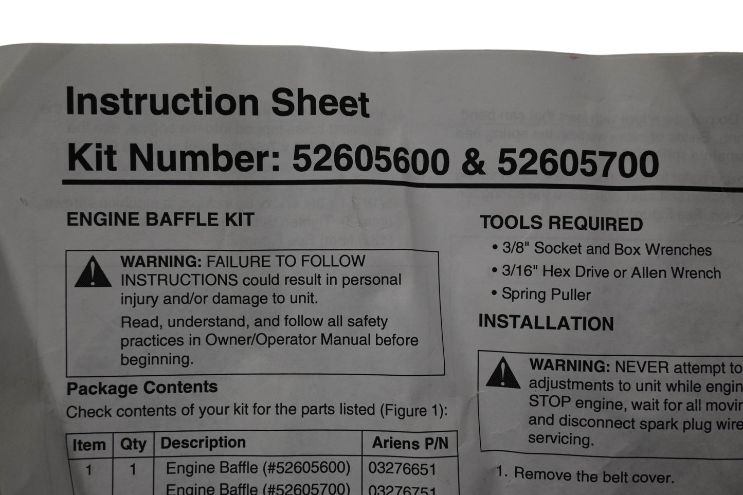 Ariens 52605700 Engine Baffle Kit NOS