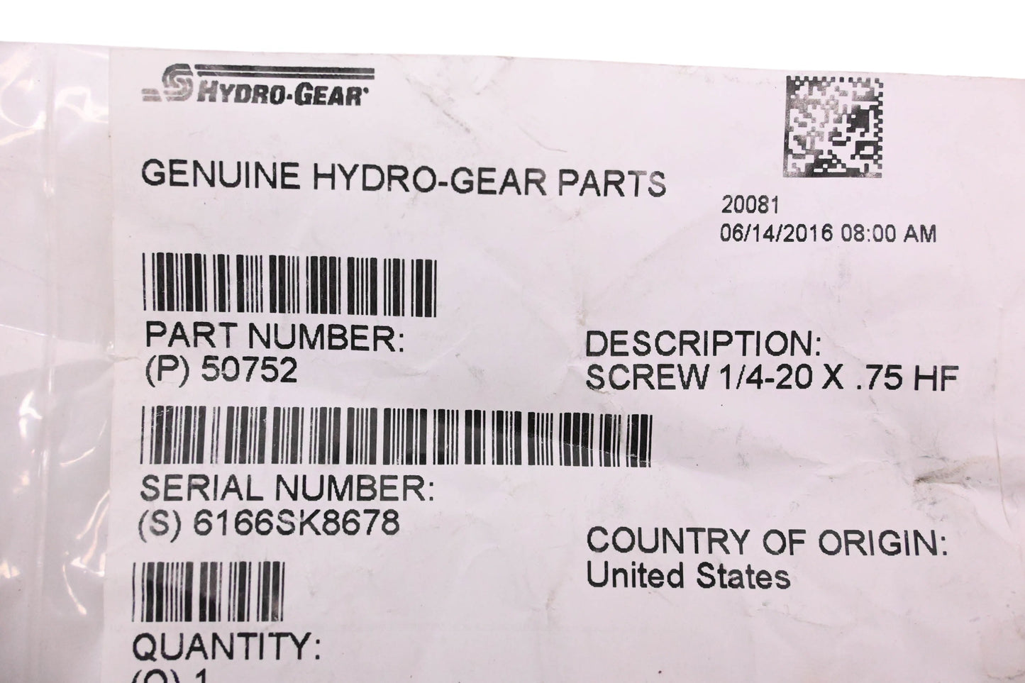Hydro-Gear 50752 Hex Screw NOS