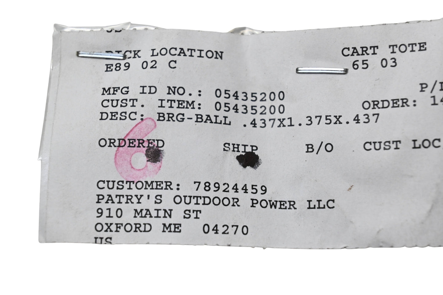 Ariens 05435200 Ball Bearing .437x1.375x.437 NOS