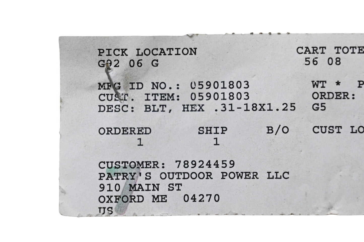 Ariens 05901803 Hex Bolt .31-18x1.25 NOS