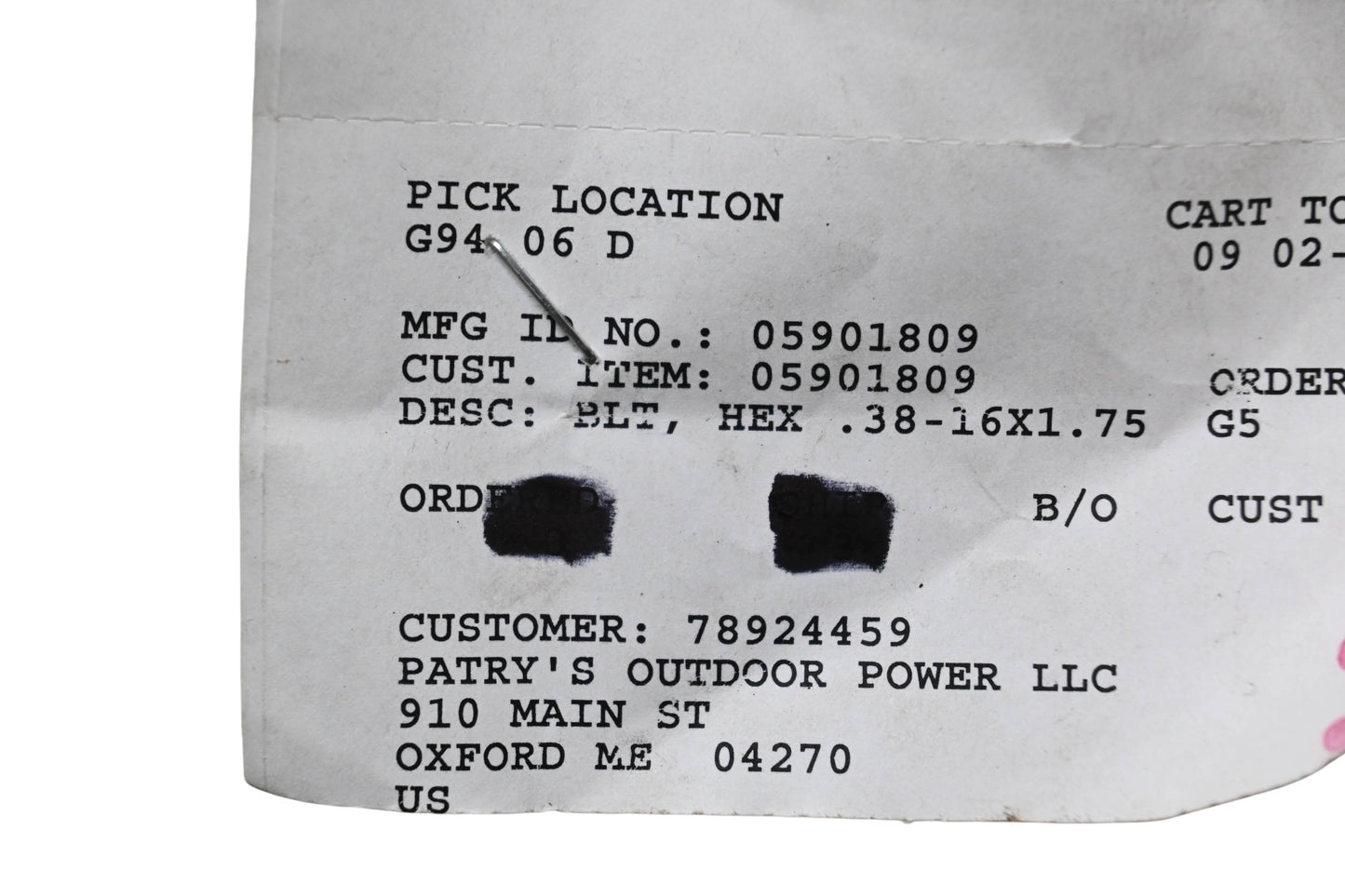 Ariens 05901809 Hex Bolt .38-16x1.75 NOS