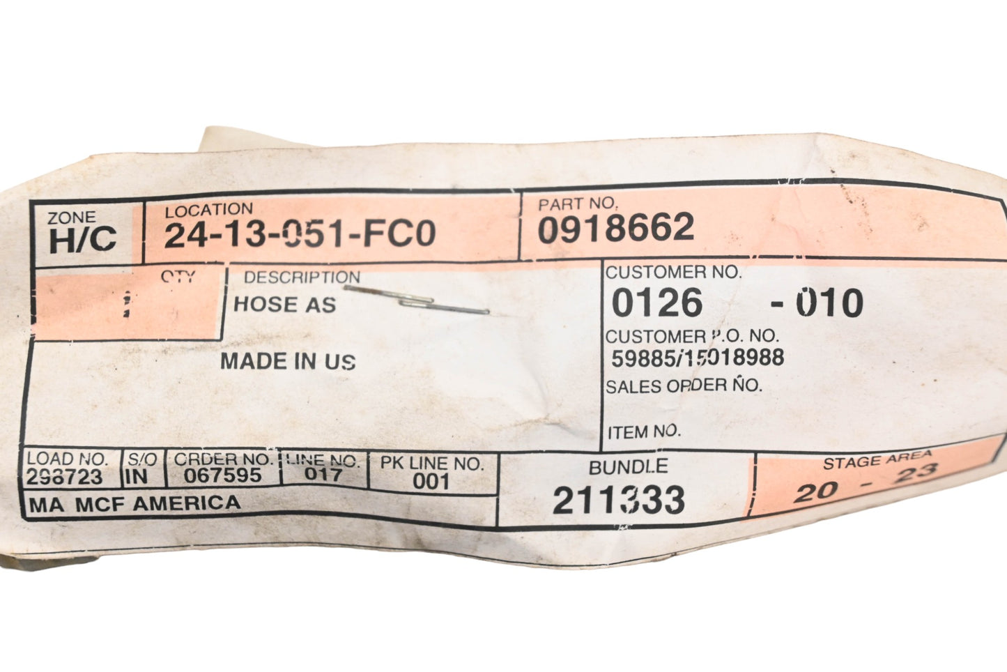 Caterpillar 0918662, 421HT-10 Parker 20" Hose Assembly NOS