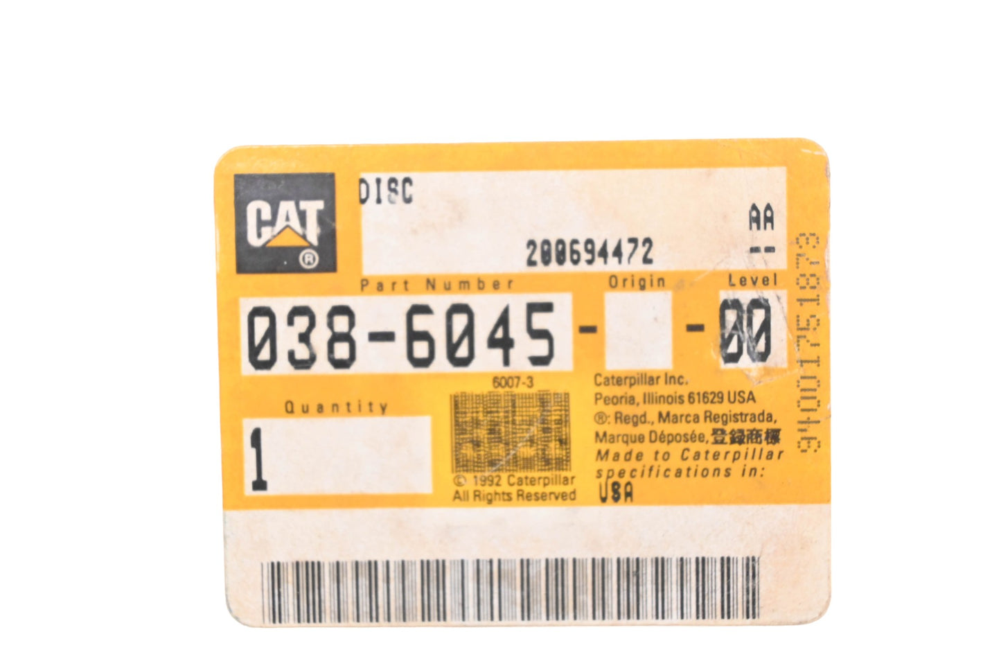 Caterpillar 0386045, 038-6045 Auxiliary Brake 4-Hole Disc NOS