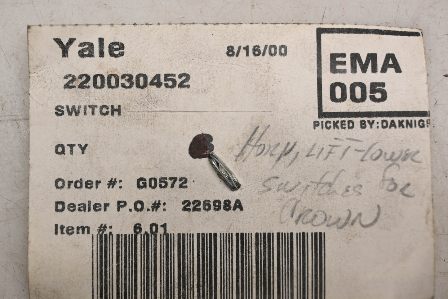 Yale 220030452 Micro Switch NOS