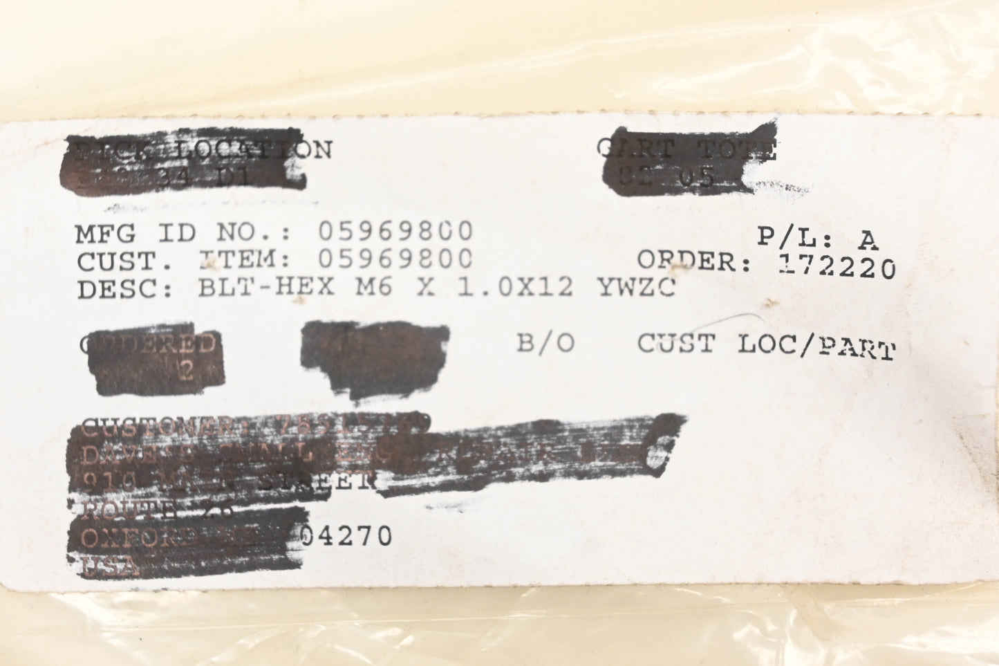 Ariens 05969800 Hex Head Bolt NOS