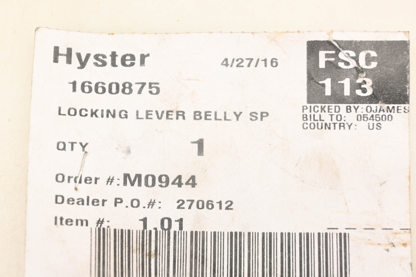 Hyster 1660875 Locking Lever NOS