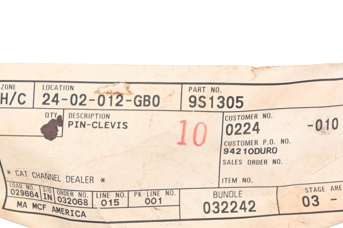 Caterpillar 9S1305, 9S-1305 Clevis Pin NOS